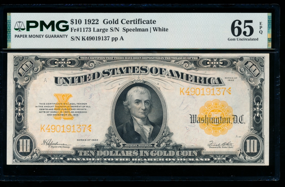 Fr. 1173 1922 $10  Gold Certificate  PMG 65EPQ K4901737