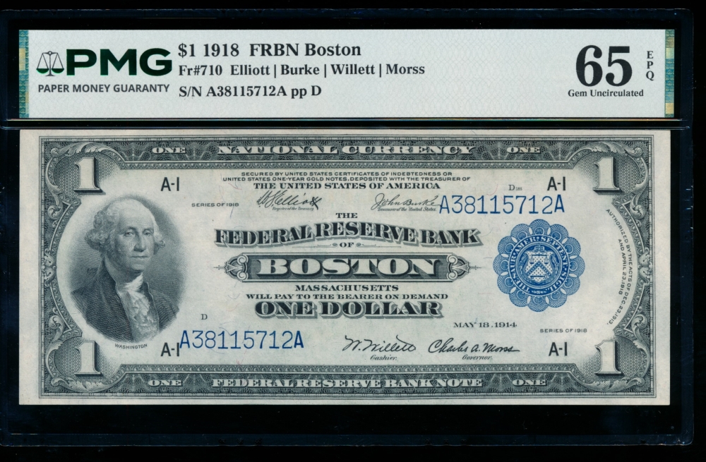 Fr. 710 1918 $1  FRBN Boston PMG 65EPQ A38115712A
