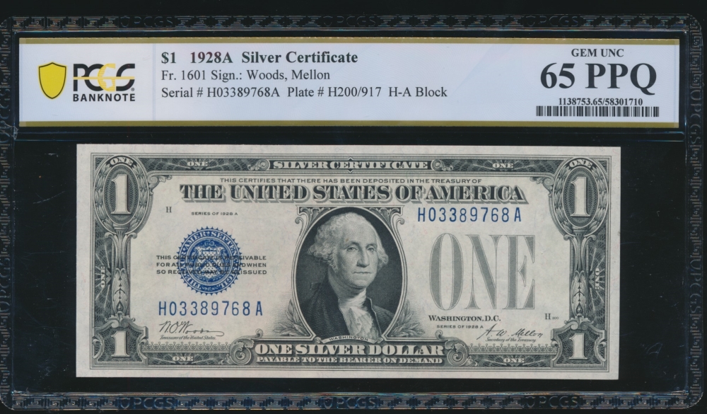 Fr. 1601 1928A $1  Silver Certificate HA block PCGS 65PPQ H03389768A