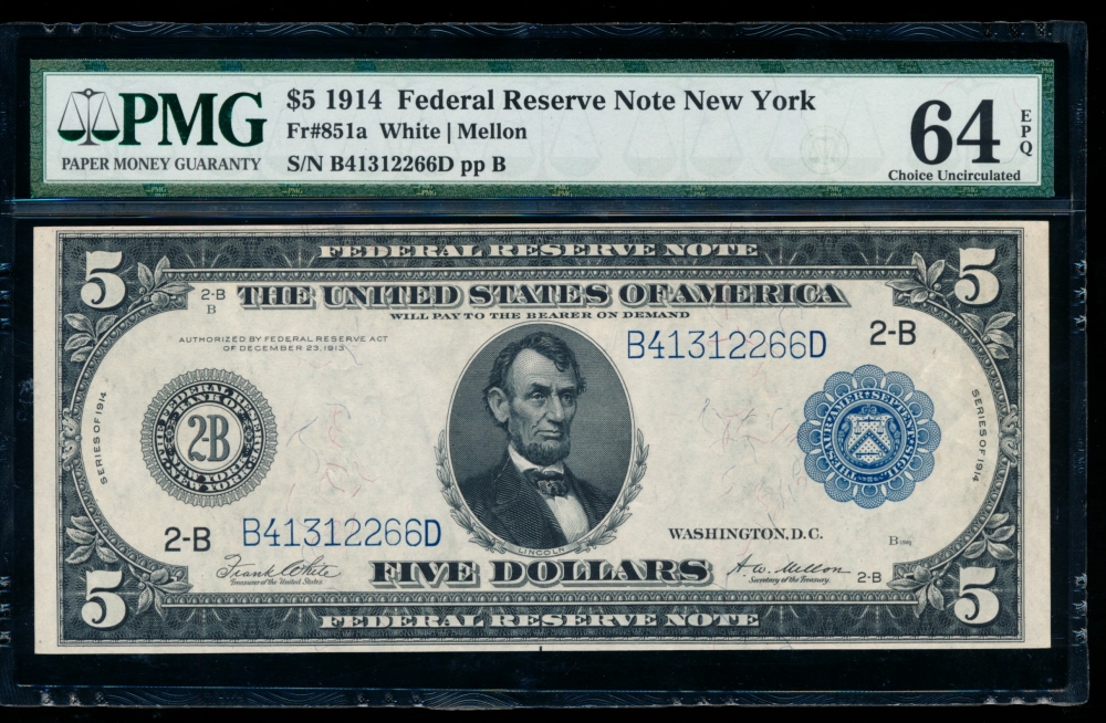 Fr. 851a 1914 $5  Federal Reserve Note New York PMG 64EPQ B41312266D