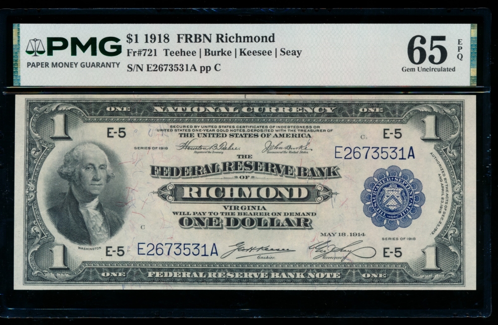 Fr. 721 1918 $1  FRBN Richmond PMG 65EPQ E2673531A