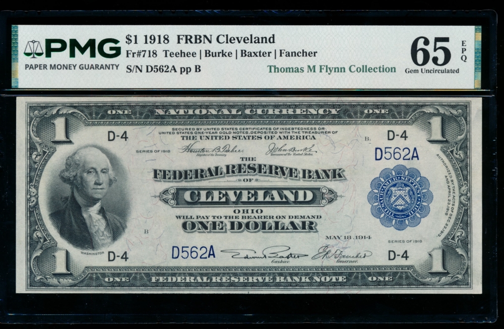 Fr. 718 1918 $1  FRBN lower serial number PMG 65EPQ D562A
