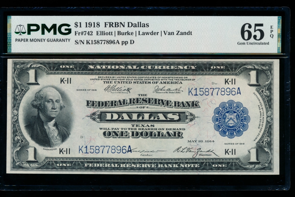 Fr. 742 1918 $1  FRBN Dallas PMG 65EPQ K15877896A