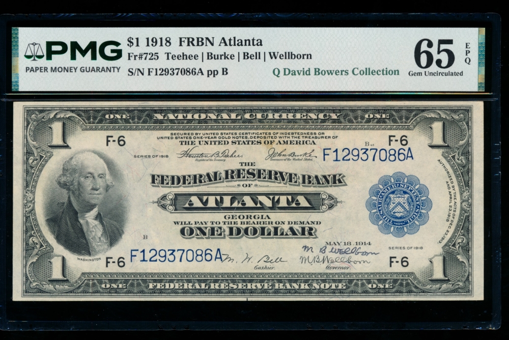 Fr. 725 1918 $1  FRBN Atlanta PMG 65EPQ F12937086A