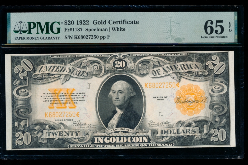 Fr. 1187 1922 $20  Gold Certificate  PMG 65EPQ K68027250