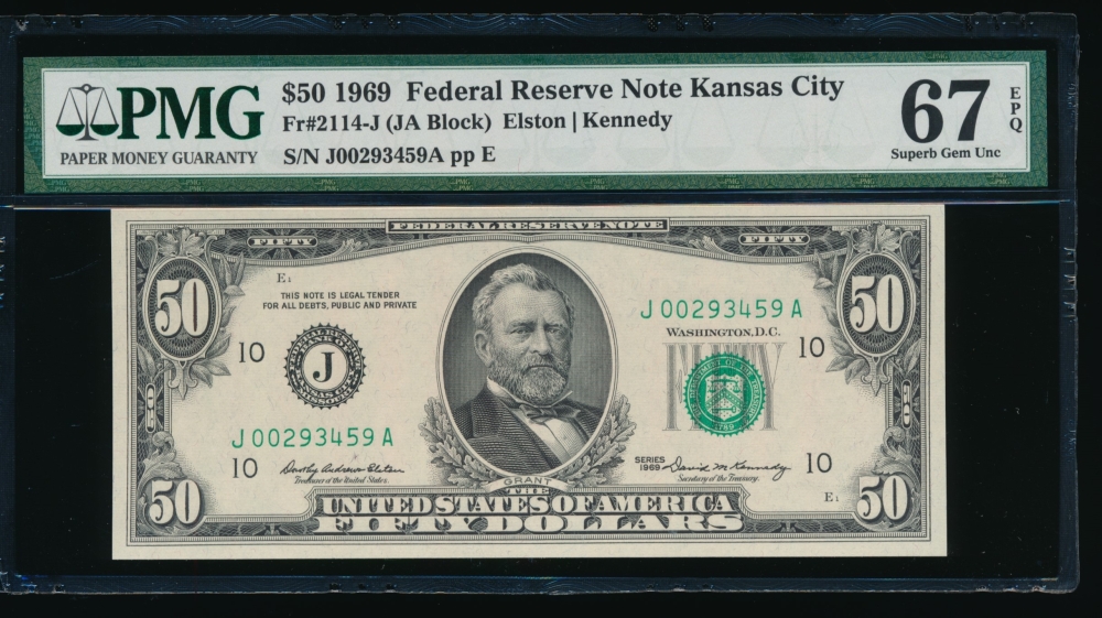 Fr. 2114-J 1969 $50  Federal Reserve Note Kansas City PMG 67EPQ J00293459A