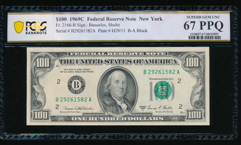 Fr. 2166-B 1969C $100  Federal Reserve Note New York PCGS 67PPQ B27261582A