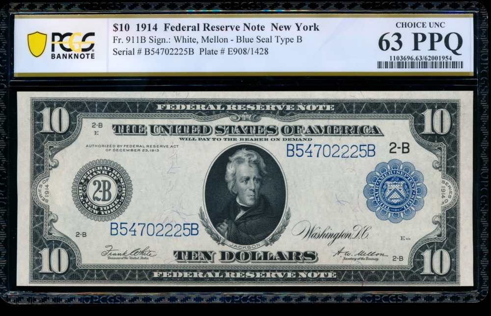 Fr. 911b 1914 $10  Federal Reserve Note New York PCGS 63PPQ B54702225B