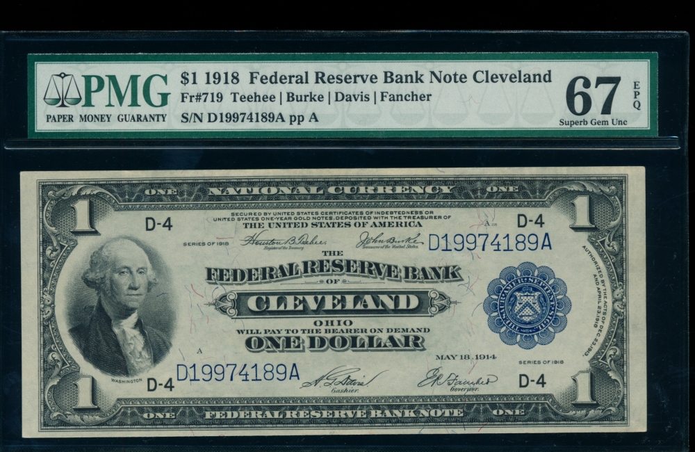 Fr. 719 1918 $1  FRBN Cleveland PMG 67EPQ D19974189A