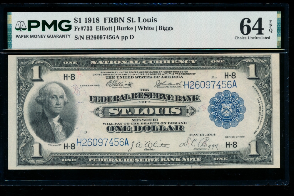 Fr. 733 1918 $1  FRBN Saint Louis PMG 64EPQ H26097456A