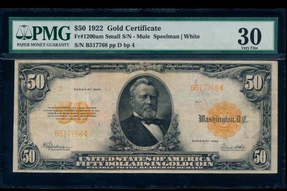 Fr. 1200a 1922 $50  Gold Certificate mule PMG 30 B517768