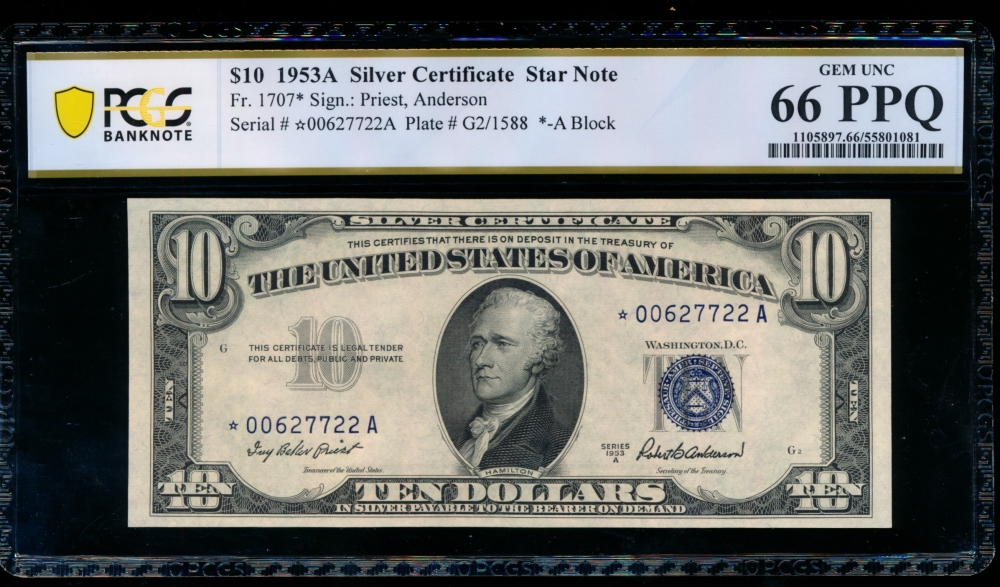 Fr. 1707 1953A $10  Silver Certificate *A block PCGS 66PPQ *00627722A