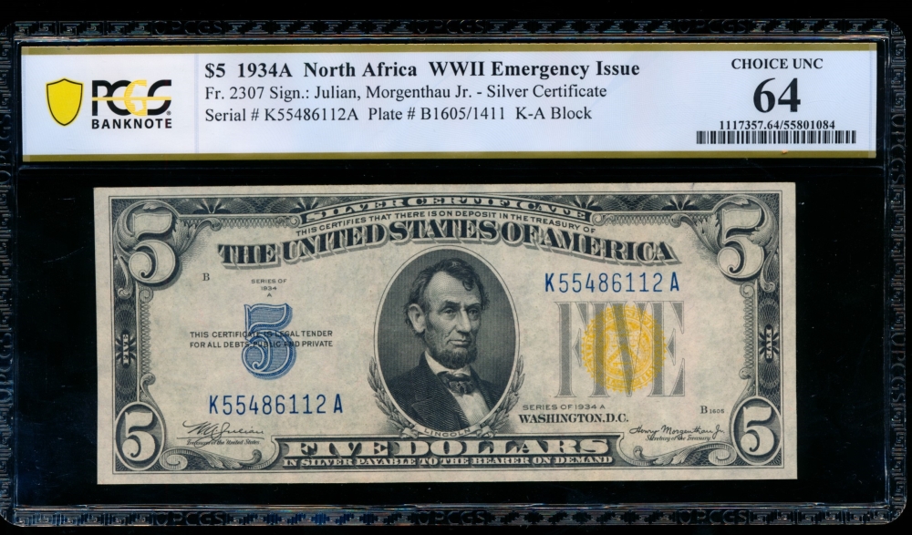 Fr. 2307 1934A $5  North Africa  PCGS 64 K55486112A