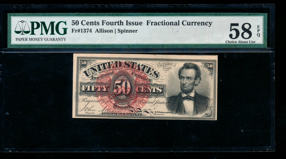 Fr. 1374 1864 $0.50  Fractional Fourth Issue: Lincoln PMG 58EPQ no serial number