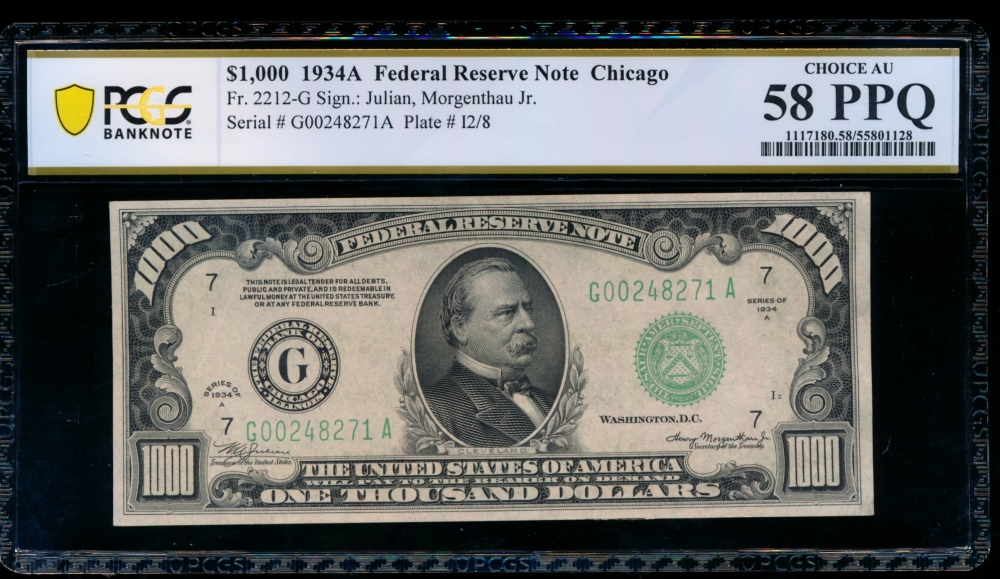 Fr. 2212-G 1934A $1,000  Federal Reserve Note Chicago PCGS 58PPQ G00248271A