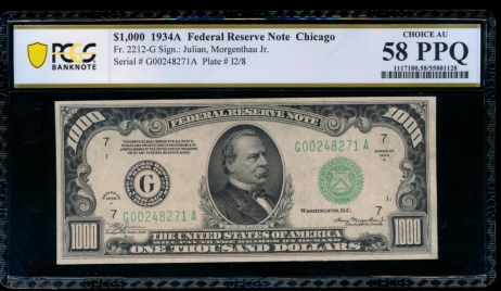 Fr. 2212-G 1934A $1,000  Federal Reserve Note Chicago PCGS 58PPQ G00248271A