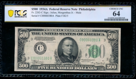 Fr. 2202-C 1934A $500  Federal Reserve Note Philadelphia PCGS 64 comment C00060380A