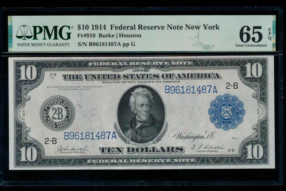 Fr. 910 1914 $10  Federal Reserve Note New York PMG 65EPQ B96181487A