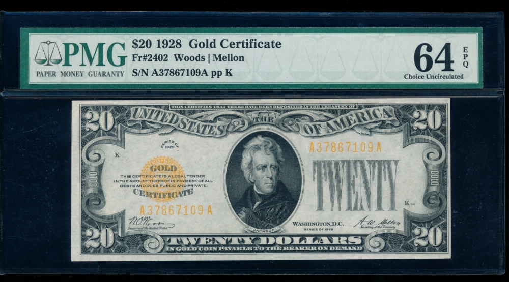 Fr. 2402 1928 $20  Gold Certificate  PMG 64EPQ A37867109A