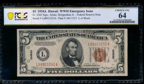 Fr. 2302 1934A $5  Hawaii  PCGS 64 L68953255A