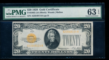 Fr. 2402 1928 $20  Gold Certificate  PMG 63EPQ A23548114A
