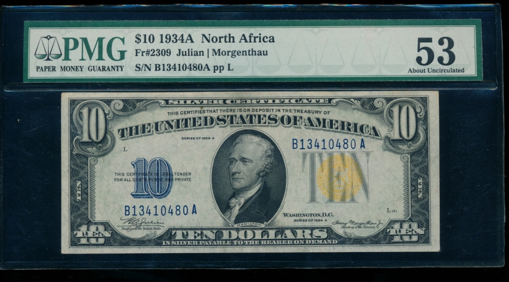 Fr. 2309 1934A $10  North Africa BA block PMG 53 B13410480A