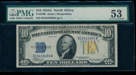 Fr. 2309 1934A $10  North Africa BA block PMG 53 B13410480A