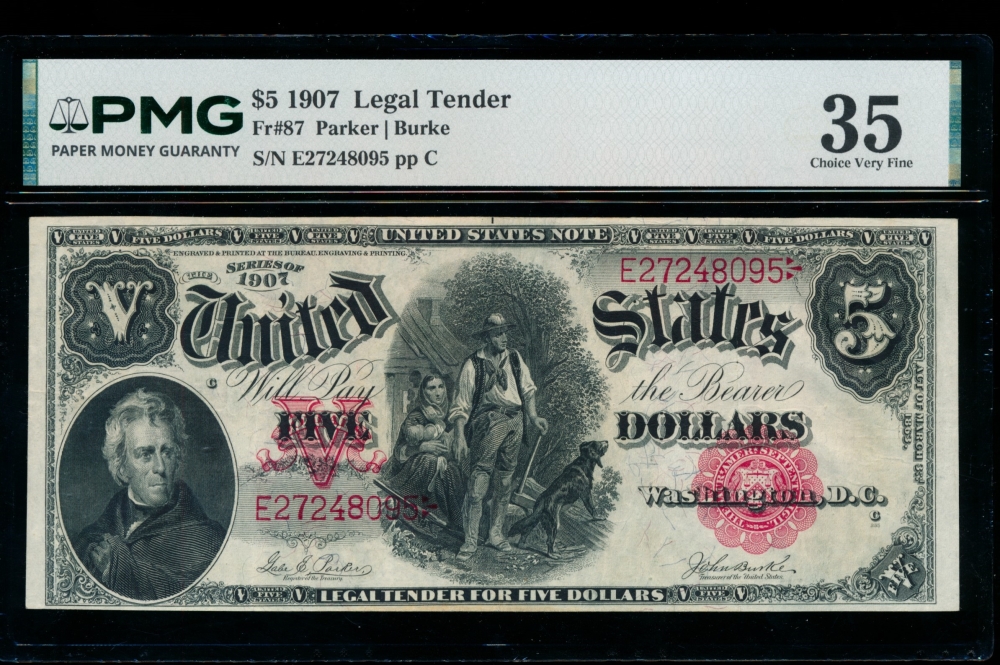 Fr. 87 1907 $5  Legal Tender  PMG 35 E27248095
