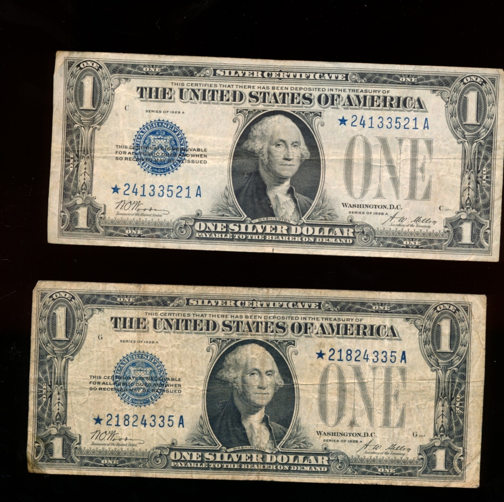 Fr. 1601 1928A $1  Silver Certificate *A block VF two notes