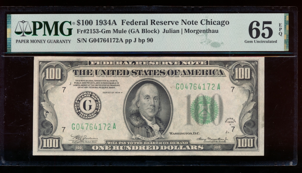 Fr. 2153-G 1934A $100  Federal Reserve Note Chicago mule PMG 65EPQ G04764172A
