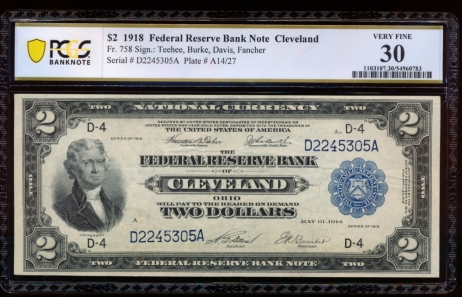 Fr. 758 1918 $2  FRBN Cleveland PCGS 30 D2245305A