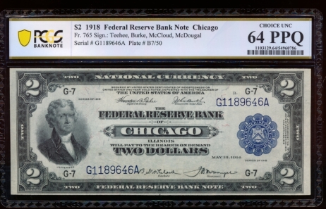 Fr. 765 1918 $2  FRBN Chicago PCGS 64PPQ G1189646A