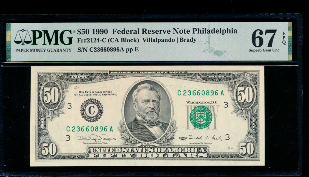 Fr. 2124-C 1990 $50  Federal Reserve Note Philadelphia PMG 67EPQ C23660896A