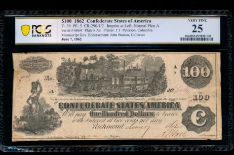 Fr. T-39 1862 $100  Confederate  PCGS 25 6064