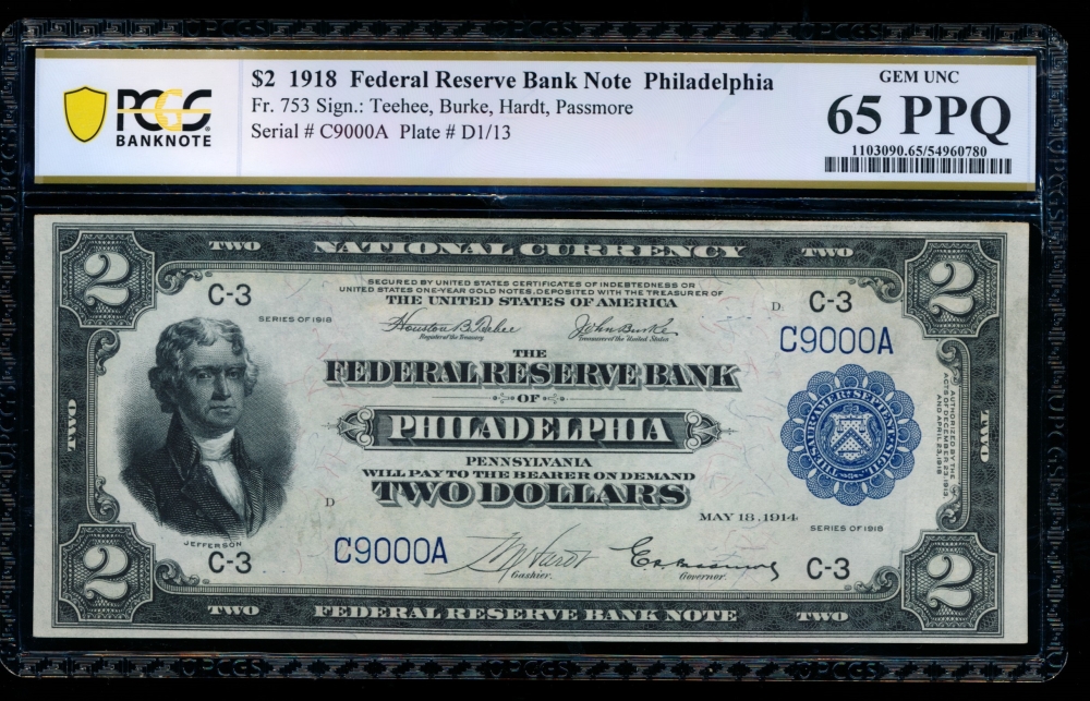 Fr. 753 1918 $2  FRBN better serial number PCGS 65PPQ C9000A