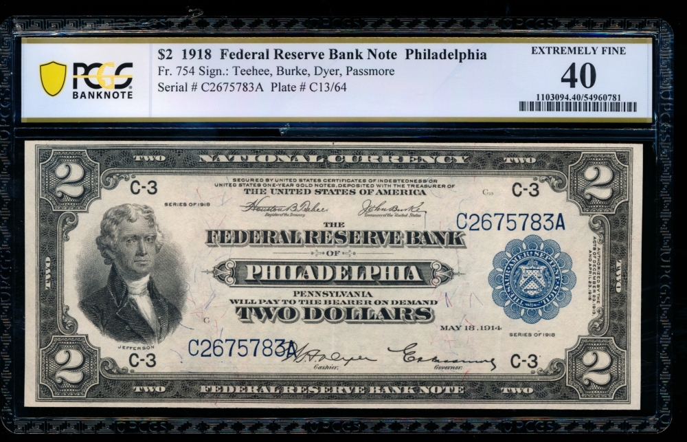 Fr. 754 1918 $2  FRBN Philadelphia PCGS 40 C2675783A