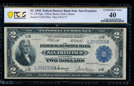 Fr. 779 1918 $2  FRBN San Francisco PCGS 40 L2045306A